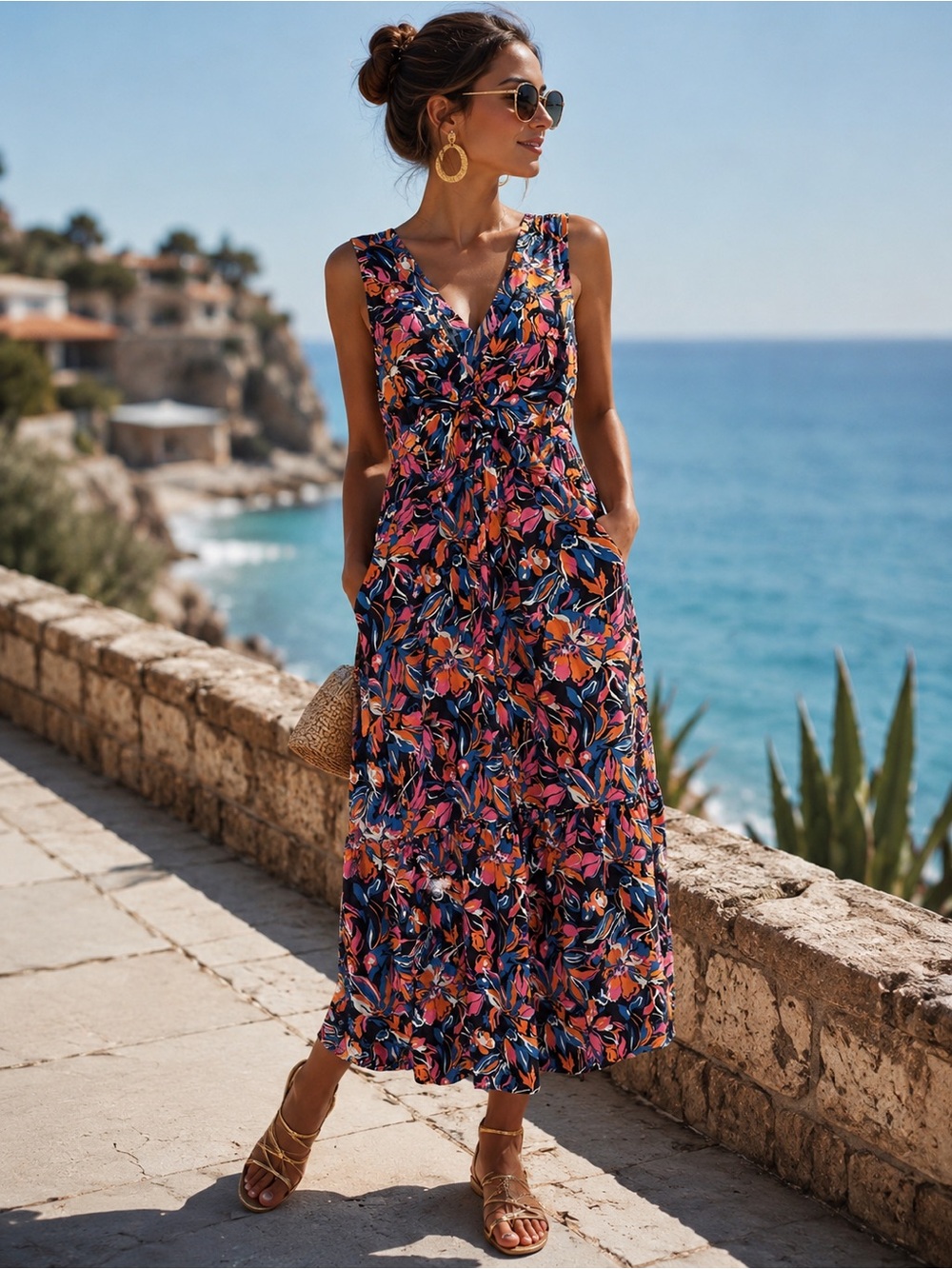 French Connection Floral Midi Dress in Pink & Orange